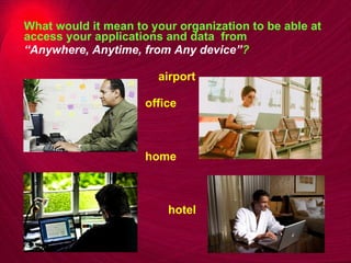 What would it mean to your organization to be able at access your applications and data  from  “ Anywhere, Anytime, from Any device” ? airport office home hotel 