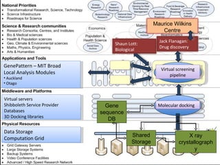 Virtual servers Shibboleth Service Provider Databases 3D Docking libraries GenePattern – MIT Broad Local Analysis Modules Auckland Otago Data Storage Computation Grid Jack Flanagan: Drug discovery Virtual screening pipeline Maurice Wilkins Centre Molecular docking Gene sequence DB Shared Storage X ray crystallography Shaun Lott: Biological Structure 