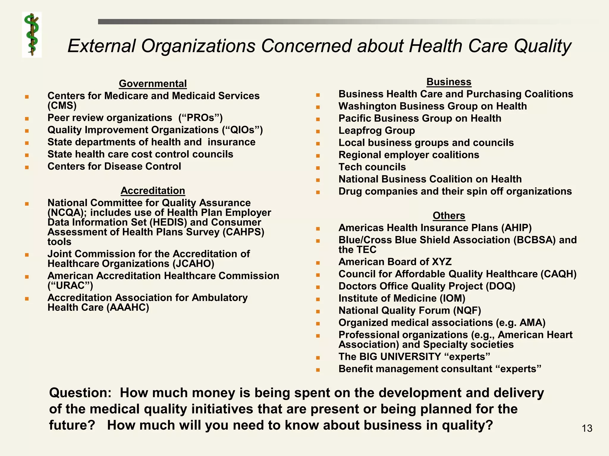 External Organizations Concerned about Health Care Quality
                   Governmental                                          Business
   Centers for Medicare and Medicaid Services        Business Health Care and Purchasing Coalitions
    (CMS)                                             Washington Business Group on Health
   Peer review organizations (“PROs”)                Pacific Business Group on Health
   Quality Improvement Organizations (“QIOs”)        Leapfrog Group
   State departments of health and insurance         Local business groups and councils
   State health care cost control councils           Regional employer coalitions
   Centers for Disease Control                       Tech councils
                                                      National Business Coalition on Health
                   Accreditation                      Drug companies and their spin off organizations
   National Committee for Quality Assurance
    (NCQA); includes use of Health Plan Employer                           Others
    Data Information Set (HEDIS) and Consumer
    Assessment of Health Plans Survey (CAHPS)         Americas Health Insurance Plans (AHIP)
    tools                                             Blue/Cross Blue Shield Association (BCBSA) and
   Joint Commission for the Accreditation of          the TEC
    Healthcare Organizations (JCAHO)                  American Board of XYZ
   American Accreditation Healthcare Commission      Council for Affordable Quality Healthcare (CAQH)
    (“URAC”)                                          Doctors Office Quality Project (DOQ)
   Accreditation Association for Ambulatory          Institute of Medicine (IOM)
    Health Care (AAAHC)                               National Quality Forum (NQF)
                                                      Organized medical associations (e.g. AMA)
                                                      Professional organizations (e.g., American Heart
                                                       Association) and Specialty societies
                                                      The BIG UNIVERSITY “experts”
                                                      Benefit management consultant “experts”

    Question: How much money is being spent on the development and delivery
    of the medical quality initiatives that are present or being planned for the
    future? How much will you need to know about business in quality?                                     13
 