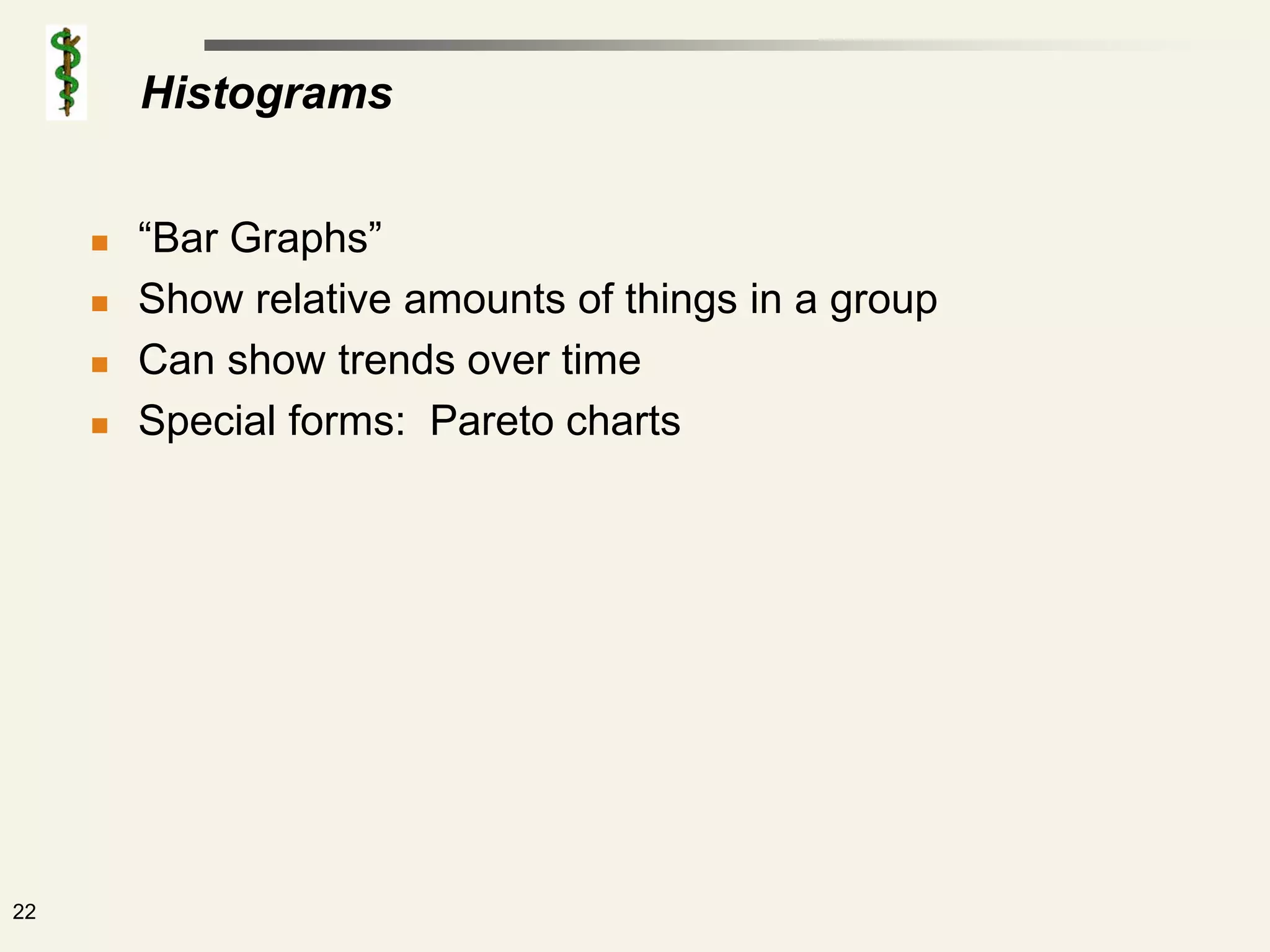 Histograms


        “Bar Graphs”
        Show relative amounts of things in a group
        Can show trends over time
        Special forms: Pareto charts




22
 