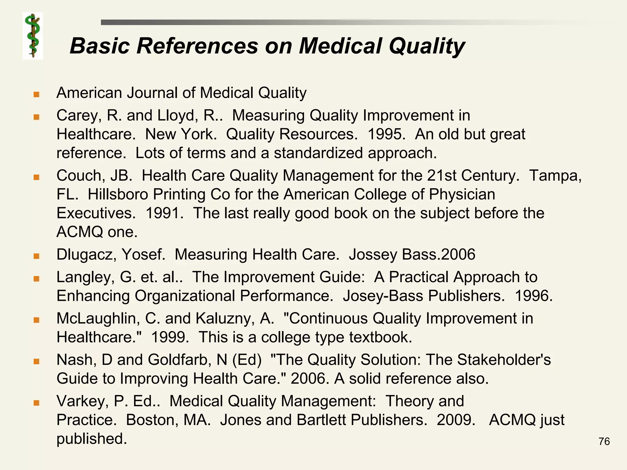 Basic References on Medical Quality
   American Journal of Medical Quality
   Carey, R. and Lloyd, R.. Measuring Quality Improvement in
    Healthcare. New York. Quality Resources. 1995. An old but great
    reference. Lots of terms and a standardized approach.
   Couch, JB. Health Care Quality Management for the 21st Century. Tampa,
    FL. Hillsboro Printing Co for the American College of Physician
    Executives. 1991. The last really good book on the subject before the
    ACMQ one.
   Dlugacz, Yosef. Measuring Health Care. Jossey Bass.2006
   Langley, G. et. al.. The Improvement Guide: A Practical Approach to
    Enhancing Organizational Performance. Josey-Bass Publishers. 1996.
   McLaughlin, C. and Kaluzny, A. "Continuous Quality Improvement in
    Healthcare." 1999. This is a college type textbook.
   Nash, D and Goldfarb, N (Ed) "The Quality Solution: The Stakeholder's
    Guide to Improving Health Care." 2006. A solid reference also.
   Varkey, P. Ed.. Medical Quality Management: Theory and
    Practice. Boston, MA. Jones and Bartlett Publishers. 2009. ACMQ just
    published.                                                               76
 
