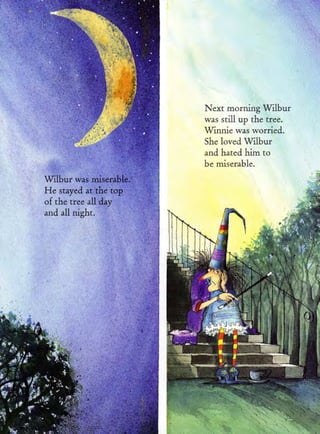 Next morning Wilbur
                         was still up the tree.
                         Winnie was worried.
                         She ioved Wilbur
                         and hated him ro
                         be miserable.
Wilbur was miselable.'
He stayed at the top,
of the tree all day
and all night.
 