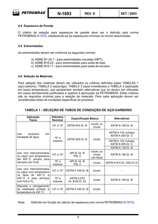 N-1693 REV. E SET / 2003
6
4.4 Espessura de Parede
O critério de seleção para espessura de parede deve ser o definido pela norma
PETROBRAS N-1673, obedecendo-se às espessuras mínimas na norma relacionadas.
4.5 Extremidades
As extremidades devem ser conforme as seguintes normas:
a) ASME B1.20.1 - para extremidades roscadas (NPT);
b) ASME B16.25 - para extremidades para solda de topo;
c) ASME B16.11 - para extremidades para solda de encaixe.
4.6 Seleção de Materiais
Para seleção dos materiais devem ser utilizados os critérios definidos pelas TABELAS 1
(aço-carbono), TABELA 2 (aços-liga), TABELA 3 (aços inoxidáveis) e TABELA 4 (aplicação
em baixa temperatura), que apresentam também alternativas que só devem ser utilizadas
em casos devidamente justificados e sujeitos à aprovação da PETROBRAS. Estes critérios
são os requisitos mínimos para a seleção de materiais. Para cada aplicação devem ser
consideradas todas as condições específicas do processo.
TABELA 1 - SELEÇÃO DE TUBOS DE CONDUÇÃO DE AÇO-CARBONO
Aplicação
Típica
Diâmetro
Nominal
Especificação Básica Alternativas
1/2” a 14” ASTM A53 Gr. B
s/cost. ou
c/cost.
ASTM A 106 Gr. B
ASTM A 134 c/chapa
ASTM A 283 Gr. C
ASTM A 134 c/chapa
ASTM A 285 Gr. C
Uso exclusivo em
tubulação de água 16” e
maiores
ASTM A53 Gr. B c/cost.
ASTM A 139 Gr. B
1/2” a 14”
API 5L Gr. B
PSL 2
s/cost. ou
c/cost.
(ver Nota)
ASTM A 106 Gr. B
Uso com hidrocarbonetos
ou vapor com temperatura
até 400 °C (exceto para
serviços com H2S) 16” e
maiores
API 5L Gr. B
PSL 2
c/cost. ASTM A 672 Gr. A55 Cl.12
1/2” a 14” ASTM A 106 Gr. B s/cost. -
Uso com hidrocarbonetos
ou vapor com temperatura
na faixa de 400 °C a
430 °C e para serviços
com H2S e H2
16” e
maiores
ASTM A 672
Gr. B 60 Cl. 22
c/cost. ASTM A 106 Gr. B
Descarte e carregamento
de catalisador limitado à
temperatura de 430 °C
1/2” a 10” ASTM A 106 Gr. B s/cost. -
Nota: Definido em função do cálculo de espessura (ver norma PETROBRAS N-1673).
 