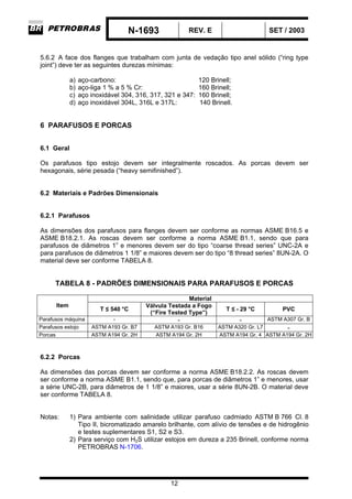 N-1693 REV. E SET / 2003
12
5.6.2 A face dos flanges que trabalham com junta de vedação tipo anel sólido (“ring type
joint”) deve ter as seguintes durezas mínimas:
a) aço-carbono: 120 Brinell;
b) aço-liga 1 % a 5 % Cr: 160 Brinell;
c) aço inoxidável 304, 316, 317, 321 e 347: 160 Brinell;
d) aço inoxidável 304L, 316L e 317L: 140 Brinell.
6 PARAFUSOS E PORCAS
6.1 Geral
Os parafusos tipo estojo devem ser integralmente roscados. As porcas devem ser
hexagonais, série pesada (“heavy semifinished”).
6.2 Materiais e Padrões Dimensionais
6.2.1 Parafusos
As dimensões dos parafusos para flanges devem ser conforme as normas ASME B16.5 e
ASME B18.2.1. As roscas devem ser conforme a norma ASME B1.1, sendo que para
parafusos de diâmetros 1” e menores devem ser do tipo “coarse thread series” UNC-2A e
para parafusos de diâmetros 1 1/8” e maiores devem ser do tipo “8 thread series” 8UN-2A. O
material deve ser conforme TABELA 8.
TABELA 8 - PADRÕES DIMENSIONAIS PARA PARAFUSOS E PORCAS
Material
Item
T ≤ 540 °C
Válvula Testada a Fogo
(“Fire Tested Type”)
T ≤ - 29 °C PVC
Parafusos máquina - - - ASTM A307 Gr. B
Parafusos estojo ASTM A193 Gr. B7 ASTM A193 Gr. B16 ASTM A320 Gr. L7 -
Porcas ASTM A194 Gr. 2H ASTM A194 Gr. 2H ASTM A194 Gr. 4 ASTM A194 Gr. 2H
6.2.2 Porcas
As dimensões das porcas devem ser conforme a norma ASME B18.2.2. As roscas devem
ser conforme a norma ASME B1.1, sendo que, para porcas de diâmetros 1” e menores, usar
a série UNC-2B, para diâmetros de 1 1/8” e maiores, usar a série 8UN-2B. O material deve
ser conforme TABELA 8.
Notas: 1) Para ambiente com salinidade utilizar parafuso cadmiado ASTM B 766 Cl. 8
Tipo II, bicromatizado amarelo brilhante, com alívio de tensões e de hidrogênio
e testes suplementares S1, S2 e S3.
2) Para serviço com H2S utilizar estojos em dureza a 235 Brinell, conforme norma
PETROBRAS N-1706.
 