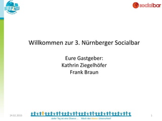 Willkommen zur 3. Nürnberger Socialbar

                         Eure Gastgeber:
                        Kathrin Ziegelhöfer
                           Frank Braun




24.02.2010                                            1
 