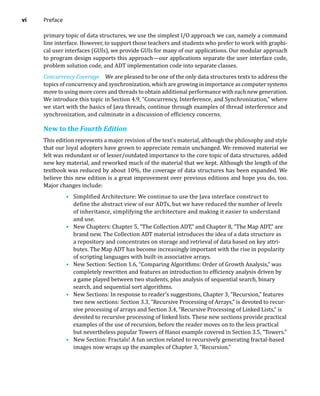 vi Preface
primary topic of data structures, we use the simplest I/O approach we can, namely a command
line interface. However, to support those teachers and students who prefer to work with graphi-
cal user interfaces (GUIs), we provide GUIs for many of our applications. Our modular approach
to program design supports this approach—our applications separate the user interface code,
problem solution code, and ADT implementation code into separate classes.
Concurrency Coverage We are pleased to be one of the only data structures texts to address the
topics of concurrency and synchronization, which are growing in importance as computer systems
move to using more cores and threads to obtain additional performance with each new generation.
We introduce this topic in Section 4.9, “Concurrency, Interference, and Synchronization,” where
we start with the basics of Java threads, continue through examples of thread interference and
synchronization, and culminate in a discussion of efficiency concerns.
New to the Fourth Edition
This edition represents a major revision of the text’s material, although the philosophy and style
that our loyal adopters have grown to appreciate remain unchanged. We removed material we
felt was redundant or of lesser/outdated importance to the core topic of data structures, added
new key material, and reworked much of the material that we kept. Although the length of the
textbook was reduced by about 10%, the coverage of data structures has been expanded. We
believe this new edition is a great improvement over previous editions and hope you do, too.
Major changes include:
• Simplified Architecture: We continue to use the Java interface construct to
define the abstract view of our ADTs, but we have reduced the number of levels
of inheritance, simplifying the architecture and making it easier to understand
and use.
• New Chapters: Chapter 5, “The Collection ADT,” and Chapter 8, “The Map ADT,” are
brand new. The Collection ADT material introduces the idea of a data structure as
a repository and concentrates on storage and retrieval of data based on key attri-
butes. The Map ADT has become increasingly important with the rise in popularity
of scripting languages with built-in associative arrays.
• New Section: Section 1.6, “Comparing Algorithms: Order of Growth Analysis,” was
completely rewritten and features an introduction to efficiency analysis driven by
a game played between two students, plus analysis of sequential search, binary
search, and sequential sort algorithms.
• New Sections: In response to reader’s suggestions, Chapter 3, “Recursion,” features
two new sections: Section 3.3, “Recursive Processing of Arrays,” is devoted to recur-
sive processing of arrays and Section 3.4, “Recursive Processing of Linked Lists,” is
devoted to recursive processing of linked lists. These new sections provide practical
examples of the use of recursion, before the reader moves on to the less practical
but nevertheless popular Towers of Hanoi example covered in Section 3.5, “Towers.”
• New Section: Fractals! A fun section related to recursively generating fractal-based
images now wraps up the examples of Chapter 3, “Recursion.”
 