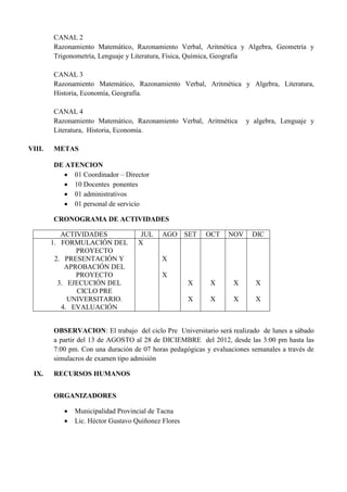 CANAL 2
Razonamiento Matemático, Razonamiento Verbal, Aritmética y Algebra, Geometría y
Trigonometría, Lenguaje y Literatura, Física, Química, Geografía
CANAL 3
Razonamiento Matemático, Razonamiento Verbal, Aritmética y Algebra, Literatura,
Historia, Economía, Geografía.
CANAL 4
Razonamiento Matemático, Razonamiento Verbal, Aritmética y algebra, Lenguaje y
Literatura, Historia, Economía.
VIII. METAS
DE ATENCION
 01 Coordinador – Director
 10 Docentes ponentes
 01 administrativos
 01 personal de servicio
CRONOGRAMA DE ACTIVIDADES
ACTIVIDADES JUL AGO SET OCT NOV DIC
1. FORMULACIÓN DEL
PROYECTO
2. PRESENTACIÓN Y
APROBACIÓN DEL
PROYECTO
3. EJECUCIÓN DEL
CICLO PRE
UNIVERSITARIO.
4. EVALUACIÓN
X
X
X
X
X
X
X
X
X
X
X
OBSERVACION: El trabajo del ciclo Pre Universitario será realizado de lunes a sábado
a partir del 13 de AGOSTO al 28 de DICIEMBRE del 2012, desde las 3:00 pm hasta las
7:00 pm. Con una duración de 07 horas pedagógicas y evaluaciones semanales a través de
simulacros de examen tipo admisión
IX. RECURSOS HUMANOS
ORGANIZADORES
 Municipalidad Provincial de Tacna
 Lic. Héctor Gustavo Quiñonez Flores
 