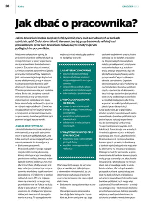 28

Kadry

GRUDZIEŃ 2013

Jak dbać o pracownika?
Jakimi działaniami można zwiększyć efektywność pracy osób zatrudnionych w bankach
spółdzielczych? Chciałabym skłonić kierownictwo tej grupy banków do refleksji nad
prowadzonymi przez nich działaniami rozwojowymi i motywującymi
podległych im pracowników.
Niedawno usłyszałam opinię, że
pracownicy banków spółdzielczych są
mniej efektywni w pracy w porównaniu z pracownikami banków komercyjnych. Zaczęłam się zastanawiać,
czy można wprost porównywać jakość
pracy obu tych grup? Czy zasadnym
jest zastosowanie jednego kryterium
oceny efektywności pracy w stosunku do pracowników banków spółdzielczych i korporacji bankowych?
W moim przekonaniu nie jest to dobra
miara. Bo to tak, jakbyśmy oceniali
efektywność pracy sprzedawców
ciężarówek ze sprzedającymi popularne samochody osobowe i to jeszcze
w różnych rejonach Polski. Zwróćmy
uwagę jednak na inny wymiar przytoczonej opinii, a mianowicie poczucie,
że pracownicy banków spółdzielczych
powinni osiągać lepsze wyniki.
Jeszcze efektywniejsi
Jakimi działaniami można zwiększyć
efektywność pracy osób zatrudnionych w bankach spółdzielczych. Jest
kilka ważnych spraw mających wpływ
na motywowanie do lepszej pracy.
•	Efektywny pracownik
Pracownika efektywnego najogólniej określić można jako osobę,
której efekty pracy przewyższają
poniesione nakłady, tworząc w ten
sposób wartość dodaną, czyli zysk
dla firmy. Miarą efektywności jest
więc relacja uzyskanych przez pracownika wyników z oczekiwaniami
pracodawcy, wyrażonymi w postaci
celów lub norm. Wraz z pojawieniem się orientacji strategicznej
przedsiębiorstw (w Polsce na dużą
skalę w początkach tej dekady) zauważono, że efektywność pracowników jest owocem ich zaangażowania w pracę. To zaangażowanie

można uzyskać wtedy, gdy spełnione będą trzy warunki:

1. USATYSFAKCJONOWANIE
•	 poczucie bezpieczeństwa
•	 zadania służbowe wykorzy-	
	 stują umiejętności i atuty pra-	
	 cownika
•	 sprawiedliwa polityka płaco-	
	 wa i świadczeń dodatkowych
•	 dobre relacje z przełożonym
2. WSPÓŁGOSPODAROWA-	
	 NIE FIRMĄ
•	 prawo do wyrażania opinii
•	 dialog z załogą – komunikacja 	
	 wewnętrzna
•	 wsparcie w wykonywanych 	
	 obowiązkach
•	 solidarność w relacjach pra-	
	 cowniczych
3. WŁĄCZENIE W WIZJĘ I CELE
	 STRATEGICZNE
•	 znajomość wizji i celów strate-	
	 gicznych firmy
•	 wspólna z managementem ich 	
	 realizacja

Warto zwrócić uwagę, że satysfakcja pracownika jest tylko jednym
z elementów efektywności, bo jak
obserwacje wykazują: pracownik
usatysfakcjonowany nie zawsze jest
efektywny.
•	Budowanie zaangażowania pracowników.
O zaangażowaniu pracownika
decydują dwie kategorie czynników: te, które związane są z jego

cechami osobowymi oraz te, które
odnoszą się do działań pracodawcy. Do pierwszych niewątpliwie
należą: proaktywność, pozytywne
nastawienie do pracy, autokontrola, ambicje pracownika itp. Ich
identyfikację i weryfikację warto
przeprowadzić w początkowym
okresie zatrudnienia (a potem
okresowo powtarzać). Pochylmy się
nad działaniami banków spółdzielczych, a zwłaszcza ich kierownictwa, którego zadaniem jest przekuć
owe cechy osobowe pracowników
w rezultat strategiczny dla firmy,
w postaci wysokiej produktywności,
jakości pracy i satysfakcji.
Chcę podkreślić, że w przypadku
działań proefektywnościowych kadra
menedżerska banków spółdzielczych
jest w lepszej sytuacji w porównaniu do komercyjnej konkurencji.
To uprzywilejowanie wynika z ich
lokalizacji. Funkcjonują one w małych
i średnich aglomeracjach, w których
zazwyczaj jest niskie „ubankowienie”.
Brak konkurencji ze strony banków
komercyjnych sprawia, że bankowcy
z banków spółdzielczych nie mają wielu alternatyw na zmianę pracodawcy.
Dlatego też wśród personelu, w przeciwieństwie do banków komercyjnych,
małą grupę stanowią tzw. skoczkowie
(wiążący się z pracodawcą na rok czy
dwa), zaś przeważają osoby z wieloletnim stażem, dla których w wielu
przypadkach bank spółdzielczy jest
(lub ma być) jedynym pracodawcą
w karierze zawodowej. Menedżerowie
banków spółdzielczych mogą więc
zaplanować i konsekwentnie – z mniejszą presją czasu – realizować działania
proefektywnościowe. Istnieje ponadto
większe prawdopodobieństwo, że
działania proefektywnościowe przy-

 