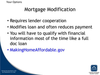 Mortgage Modification Requires lender cooperation Modifies loan and often reduces payment You will have to qualify with financial information most of the time like a full doc loan  MakingHomeAffordable.gov Your Options 