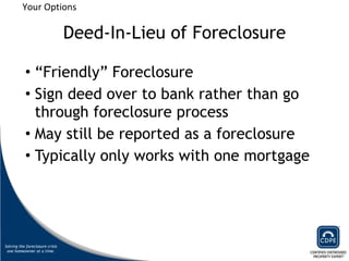 Deed-In-Lieu of Foreclosure “ Friendly” Foreclosure Sign deed over to bank rather than go through foreclosure process May still be reported as a foreclosure Typically only works with one mortgage Your Options 