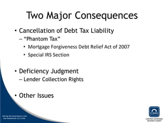 Two Major Consequences Cancellation of Debt Tax Liability  “ Phantom Tax” Mortgage Forgiveness Debt Relief Act of 2007 Special IRS Section Deficiency Judgment Lender Collection Rights Other Issues 