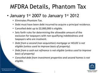 MFDRA Details, Phantom Tax  January 1 st  2007 to January 1 st  2012 Eliminates Phantom Tax. Debt must have been debt incurred to acquire a principal residence.  Cancelled debt up to $2,000,000 is eligible.  Sets forth rules for determining the allowable amount of the exclusion for taxpayers with non-qualifying indebtedness and taxpayers who are insolvent.  Debt from a second (non acquisition) mortgage or HELOC is not eligible (unless used to improve basis of property).  Debt from a cash out refinance is not eligible (unless used to improve basis of property) Cancelled debt from investment properties and second homes is not eligible.  Ask about IRS Publication 4781 and IRS Form 982  