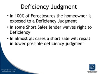 Deficiency Judgment In 100% of Foreclosures the homeowner is exposed to a Deficiency Judgment  In some Short Sales lender waives right to Deficiency In almost all cases a short sale will result in lower possible deficiency judgment 