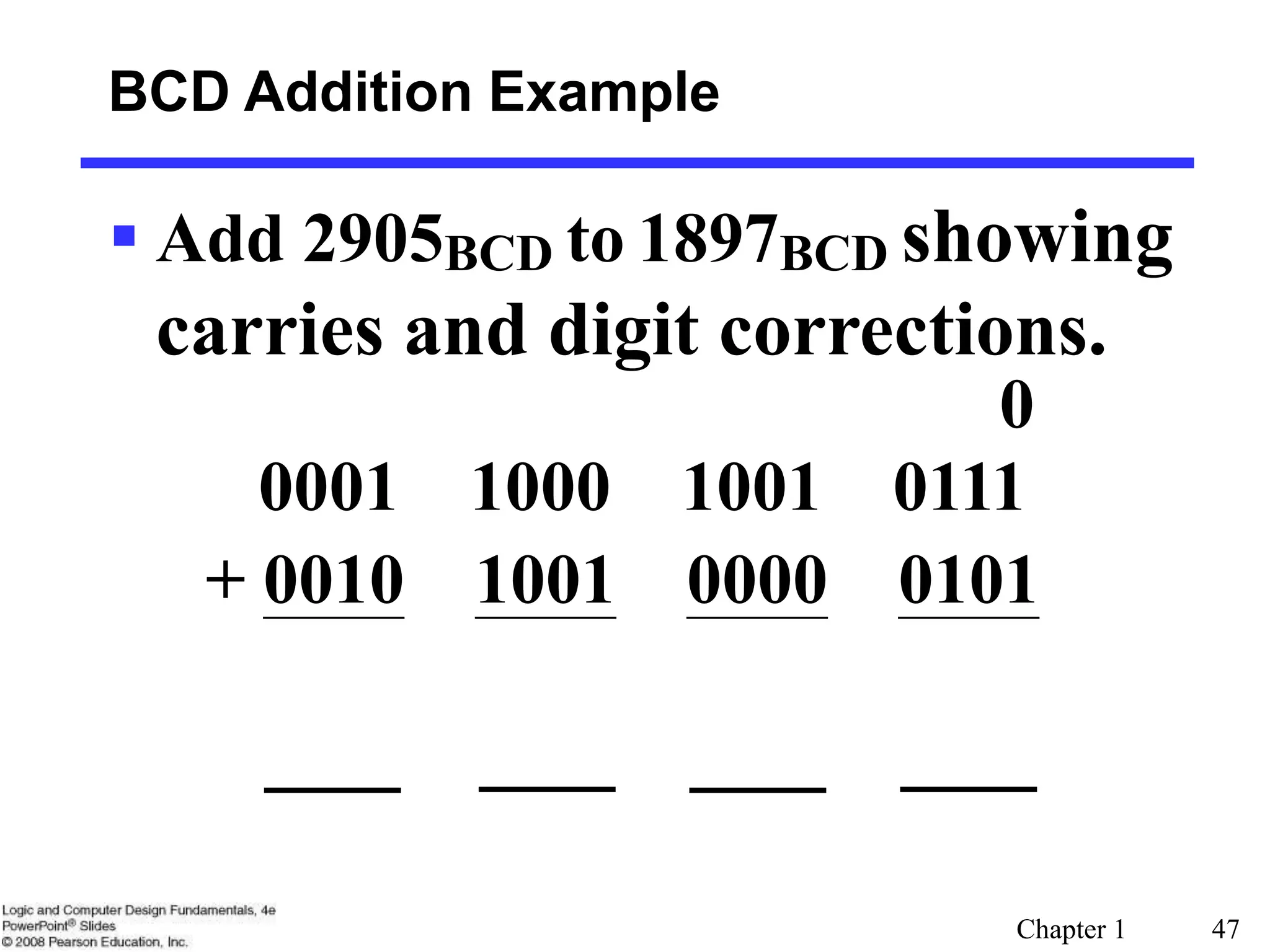 Chapter 1 47
BCD Addition Example
 Add 2905BCD to 1897BCD showing
carries and digit corrections.
0001 1000 1001 0111
+ 0010 1001 0000 0101
0
 