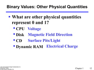 Chapter 1 12
 What are other physical quantities
represent 0 and 1?
•CPU Voltage
•Disk
•CD
•Dynamic RAM
Binary Values: Other Physical Quantities
Magnetic Field Direction
Surface Pits/Light
Electrical Charge
 