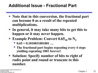 Chapter 1 32
Additional Issue - Fractional Part
 Note that in this conversion, the fractional part
can become 0 as a result of the repeated
multiplications.
 In general, it may take many bits to get this to
happen or it may never happen.
 Example Problem: Convert 0.6510 to N2
• 0.65 = 0.1010011001001 …
• The fractional part begins repeating every 4 steps
yielding repeating 1001 forever!
 Solution: Specify number of bits to right of
radix point and round or truncate to this
number.
 