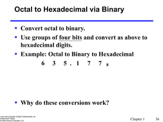 Chapter 1 36
Octal to Hexadecimal via Binary
 Convert octal to binary.
 Use groups of four bits and convert as above to
hexadecimal digits.
 Example: Octal to Binary to Hexadecimal
6 3 5 . 1 7 7 8
 Why do these conversions work?
 