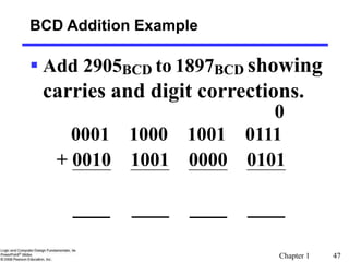 Chapter 1 47
BCD Addition Example
 Add 2905BCD to 1897BCD showing
carries and digit corrections.
0001 1000 1001 0111
+ 0010 1001 0000 0101
0
 