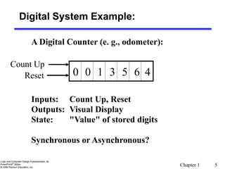 Chapter 1 5
Digital System Example:
A Digital Counter (e. g., odometer):
1 3
0 0 5 6 4
Count Up
Reset
Inputs: Count Up, Reset
Outputs: Visual Display
State: "Value" of stored digits
Synchronous or Asynchronous?
 