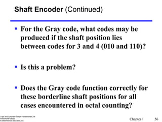 Chapter 1 56
Shaft Encoder (Continued)
 For the Gray code, what codes may be
produced if the shaft position lies
between codes for 3 and 4 (010 and 110)?
 Is this a problem?
 Does the Gray code function correctly for
these borderline shaft positions for all
cases encountered in octal counting?
 