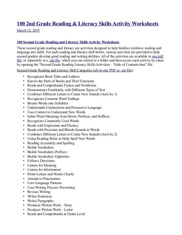100 2nd Grade Reading And Literacy Skills Activity Worksheets 100 2nd Grade Reading And Literacy Skills Activity Worksheets