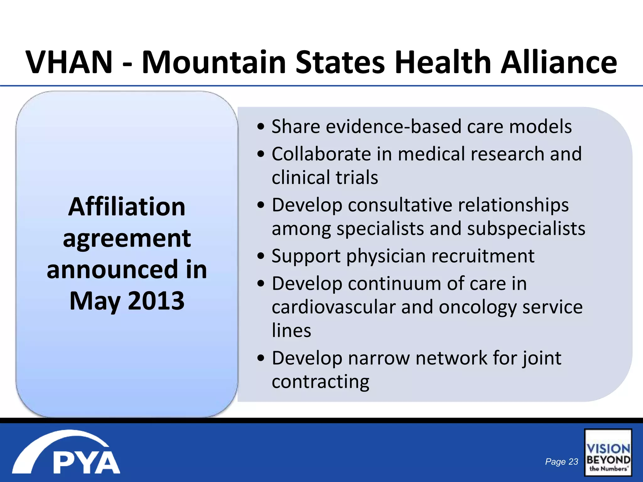 VHAN - Mountain States Health Alliance 
• Share evidence-based care models 
• Collaborate in medical research and 
clinical trials 
• Develop consultative relationships 
among specialists and subspecialists 
• Support physician recruitment 
• Develop continuum of care in 
cardiovascular and oncology service 
lines 
• Develop narrow network for joint 
contracting 
Page 23 
Affiliation 
agreement 
announced in 
May 2013 
 