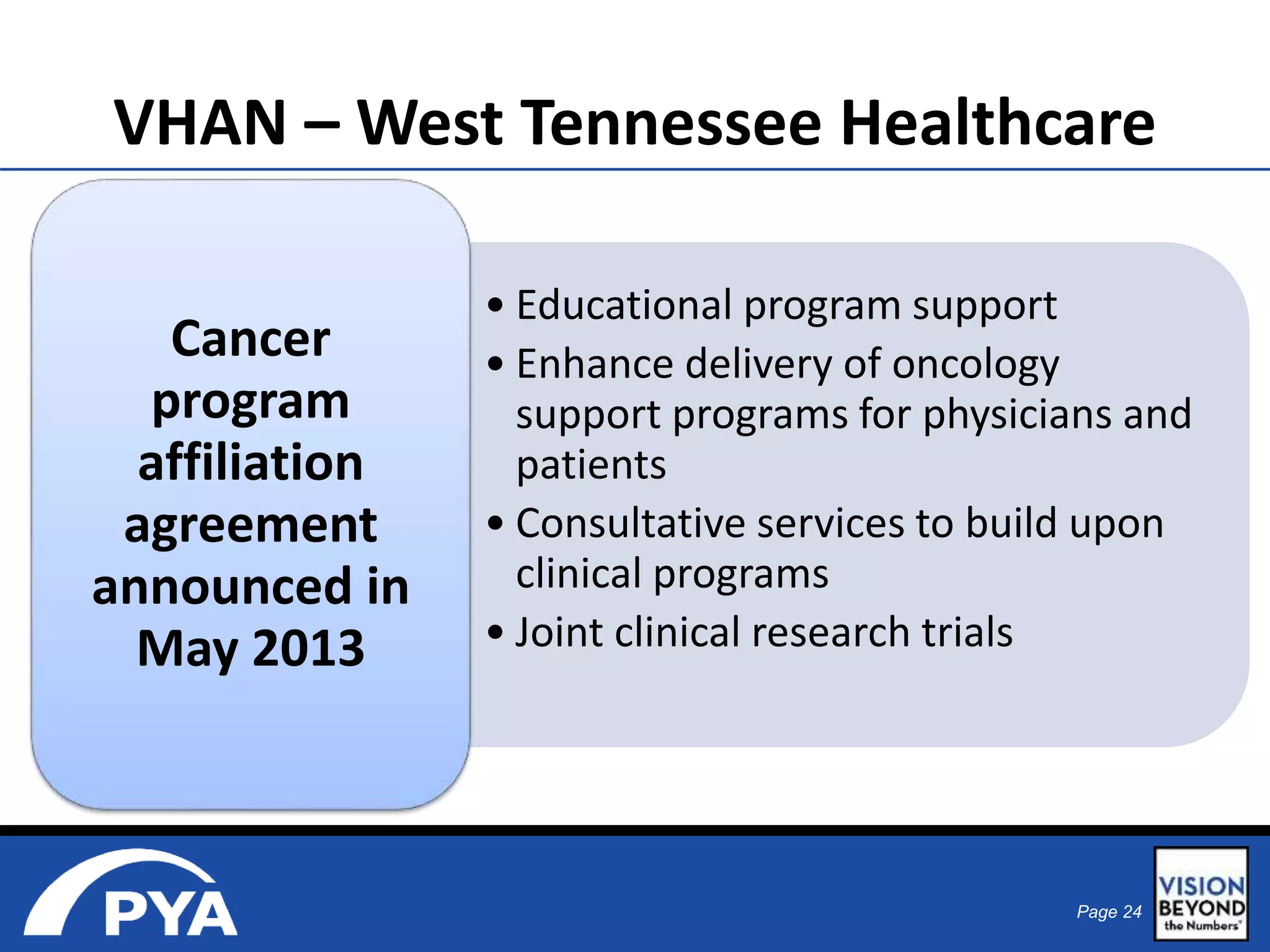 VHAN –West Tennessee Healthcare 
• Educational program support 
• Enhance delivery of oncology 
support programs for physicians and 
patients 
• Consultative services to build upon 
clinical programs 
• Joint clinical research trials 
Page 24 
Cancer 
program 
affiliation 
agreement 
announced in 
May 2013 
 