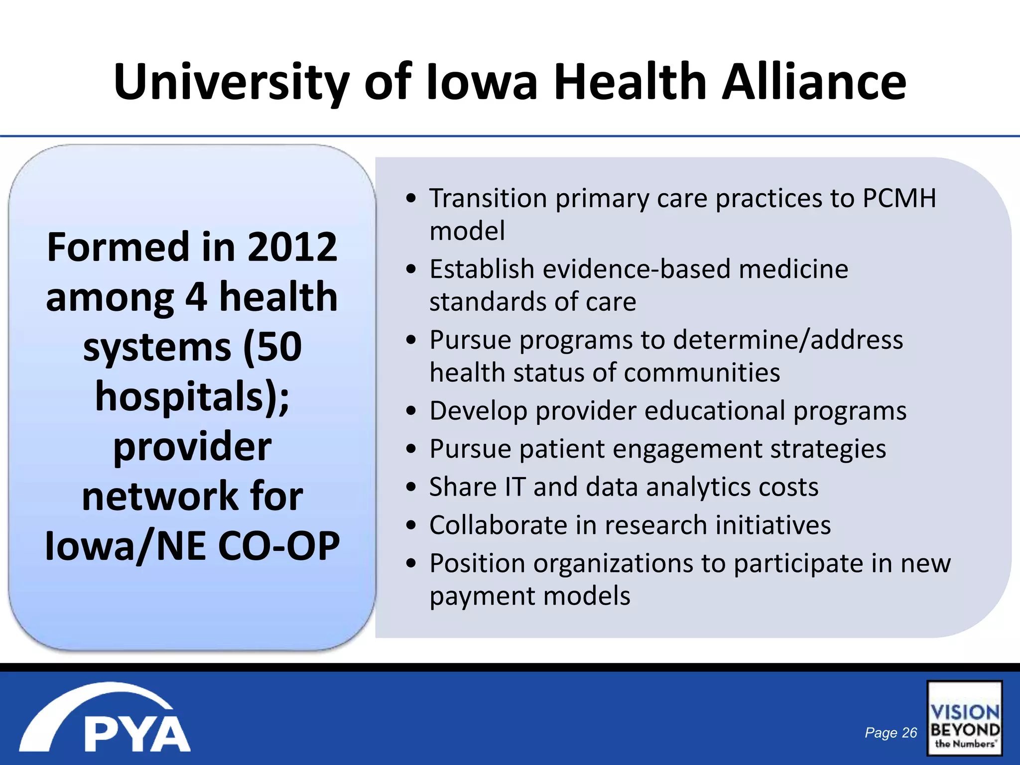University of Iowa Health Alliance 
• Transition primary care practices to PCMH 
model 
• Establish evidence-based medicine 
standards of care 
• Pursue programs to determine/address 
health status of communities 
• Develop provider educational programs 
• Pursue patient engagement strategies 
• Share IT and data analytics costs 
• Collaborate in research initiatives 
• Position organizations to participate in new 
payment models 
Page 26 
Formed in 2012 
among 4 health 
systems (50 
hospitals); 
provider 
network for 
Iowa/NE CO-OP 
 