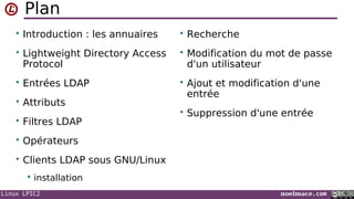 Linux LPIC2 noelmace.com
Plan
• Introduction : les annuaires
• Lightweight Directory Access
Protocol
• Entrées LDAP
• Attributs
• Filtres LDAP
• Opérateurs
• Clients LDAP sous GNU/Linux
 installation
• Recherche
• Modification du mot de passe
d'un utilisateur
• Ajout et modification d'une
entrée
• Suppression d'une entrée
 
