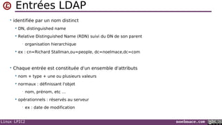 Linux LPIC2 noelmace.com
Entrées LDAP
• identifiée par un nom distinct
 DN, distinguished name
 Relative Distinguished Name (RDN) suivi du DN de son parent
• organisation hierarchique
 ex : cn=Richard Stallman,ou=people, dc=noelmace,dc=com
• Chaque entrée est constituée d'un ensemble d'attributs
 nom + type + une ou plusieurs valeurs
 normaux : définissant l'objet
• nom, prénom, etc …
 opérationnels : réservés au serveur
• ex : date de modification
 