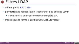 Linux LPIC2 noelmace.com
Filtres LDAP
• définis par la RFC 2254
• permettent la récupération (recherche) des entrées LDAP
 "semblables" à une clause WHERE de requête SQL
• s'écrit sous la forme : attribut OPERATEUR valeur
 