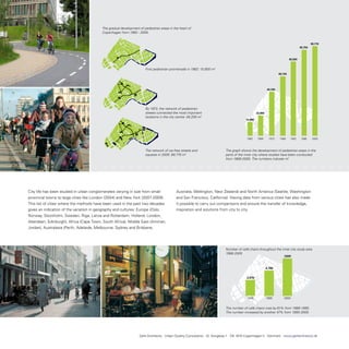 The gradual development of pedestrian areas in the heart of
                                           Copenhagen from 1962 - 2005.


                                                                                                                                                                                                           99,770
                                                                                                                                                                                                  95,750
                                                                                                                                            99,770
                                                                                                                                   95,750
                                                                                                                                                                                         82,820


                                                                                                                          82,820
                                                                       First pedestrian promenade in 1962: 15,800 m2
                                                                                                                                                                                66,150


                                                                                                                 66,150

                                                                                                                                                                       49,200


                                                                                                        49,200



                                                                       By 1973, the network of pedestrian
                                                                       streets connected the most important                                                   22,860
                                                                       locations in the city centre: 49,200 m2
                                                                                                                                                     15,800
                                                                                               22,860

                                                                                      15,800



                                                                                                                                                     1962     1968       1973   1988     1992     1996      2005


                                                                                       1962     1968     1973    1988     1992     1996      2005
                                                                       The network of car-free streets and                           The graph shows the development of pedestrian areas in the
                                                                       squares in 2005: 99,770 m2                                    parts of the inner city where studies have been conducted
                                                                                                                                     from 1968-2005. The numbers indicate m2




City life has been studied in urban conglomerates varying in size from small                  Australia, Wellington, new Zealand) and north America (seattle, Washington
provincial towns to large cities like London (2004) and new york (2007-2009).                 and san Francisco, California). Having data from various cities has also made
this list of cities where the methods have been used in the past two decades                  it possible to carry out comparisons and ensure the transfer of knowledge,
gives an indication of the variation in geography and cultures: europe (oslo,                 inspiration and solutions from city to city.
norway, stockholm, sweden, riga, Latvia and rotterdam, Holland, London,
Aberdeen, edinburgh), Africa (Cape town, south Africa), Middle east (Amman,
jordan), Australasia (Perth, Adelaide, Melbourne, sydney and Brisbane,




                                                                                                                                     Number of café chairs throughout the inner city study area
                                                                                                                                     1986-2005
                                                                                                                                                                                    7,020



                                                                                                                                                                       4,780


                                                                                                                                                     2,970




                                                                                                                                                     1986              1995         2005


                                                                                                                                     The number of café chairs rose by 61% from 1986-1995.
                                                                                                                                     The number increased by another 47% from 1995-2005.




                                                                   Gehl Architects · Urban Quality Consultants · Gl. Kongevej 1 · DK 1610 Copenhagen V · Denmark · www.gehlarchitects.dk
 
