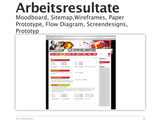 Arbeitsresultate
Moodboard, Sitemap,Wireframes, Paper
Prototype, Flow Diagram, Screendesigns,
Prototyp




Die Produktion                            36
 