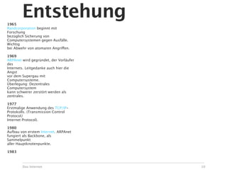 1965
        Entstehung
Randcorporation beginnt mit
Forschung
bezüglich Sicherung von
Computersystemen gegen Ausfälle.
Wichtig
bei Abwehr von atomaren Angriffen.

1969
ARPAnet wird gegründet, der Vorläufer
des
Internets. Leitgedanke auch hier die
Angst
vor dem Supergau mit
Computersysteme.
Überlegung: Dezentrales
Computersystem
kann schwerer zerstört werden als
zentrales.

1977
Erstmalige Anwendung des TCP/IP-
Protokolls. (Transmission Control
Protocol/
Internet Protocol).

1980
Aufbau von erstem Internet. ARPAnet
fungiert als Backbone, als
Sammelpunkt
aller Hauptknotenpunkte.

1983



        Das Internet                    10
 