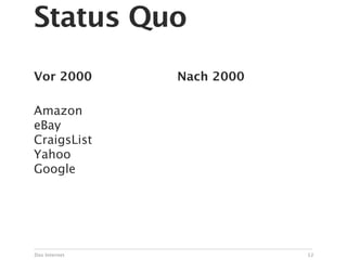 Status Quo
Vor 2000       Nach 2000

Amazon
eBay
CraigsList
Yahoo
Google




Das Internet               12
 