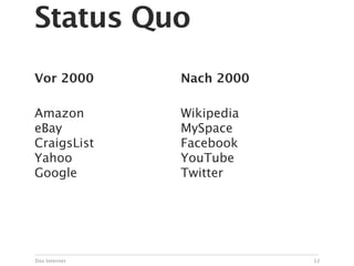 Status Quo
Vor 2000       Nach 2000

Amazon         Wikipedia
eBay           MySpace
CraigsList     Facebook
Yahoo          YouTube
Google         Twitter




Das Internet               12
 