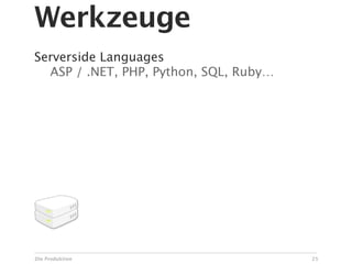 Werkzeuge
Serverside Languages

 ASP / .NET, PHP, Python, SQL, Ruby…




Die Produktion                          25
 