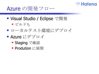 Azure の開発フロー Visual Studio / Eclipse で開発 ビルドも ローカルテスト環境にデプロイ Azure にデプロイ Staging で確認 Prodution に展開 