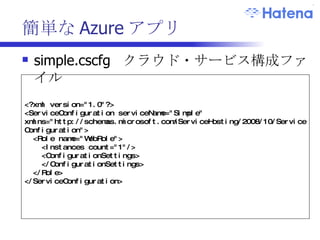 簡単な Azure アプリ simple.cscfg  クラウド・サービス構成ファイル <?xml version="1.0"?> <ServiceConfiguration serviceName="Simple" xmlns="http://schemas.microsoft.com/ServiceHosting/2008/10/ServiceConfiguration"> <Role name="WebRole"> <Instances count="1"/> <ConfigurationSettings>  </ConfigurationSettings> </Role> </ServiceConfiguration> 
