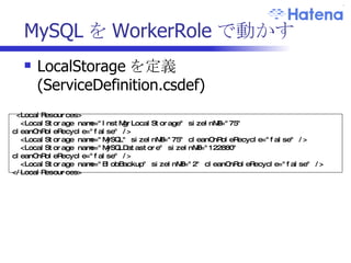 MySQL を WorkerRole で動かす LocalStorage を定義  (ServiceDefinition.csdef) <LocalResources> <LocalStorage name="InstMgrLocalStorage" sizeInMB="75" cleanOnRoleRecycle="false" /> <LocalStorage name="MySQL" sizeInMB="75" cleanOnRoleRecycle="false" /> <LocalStorage name="MySQLDatastore" sizeInMB="122880" cleanOnRoleRecycle="false" /> <LocalStorage name="BlobBackup" sizeInMB="2" cleanOnRoleRecycle="false" /> </LocalResources> 