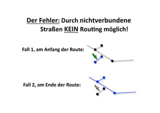 Der Fehler: Durch nichtverbundene 
       Straßen KEIN RouBng möglich! 

Fall 1, am Anfang der Route: 




Fall 2, am Ende der Route: 
 