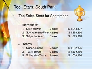 Rock Stars, South Park
• Top Sales Stars for September
– Individuals:
1. Keith Stewart 3 sales $ 1,948,377
2. Sue Valentine-Plyler 4 sales $ 1,220,900
3. Sallye Jackson 1 sale $ 675,000
– Teams
1. Mahool/Nance 7 sales $ 1,632,375
2. Team Severs 3 sales $ 1,239,400
3. S. Hopkins Team 2 sales $ 600,000
 