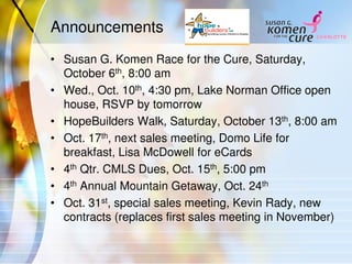 Announcements
• Susan G. Komen Race for the Cure, Saturday,
October 6th, 8:00 am
• Wed., Oct. 10th, 4:30 pm, Lake Norman Office open
house, RSVP by tomorrow
• HopeBuilders Walk, Saturday, October 13th, 8:00 am
• Oct. 17th, next sales meeting, Domo Life for
breakfast, Lisa McDowell for eCards
• 4th Qtr. CMLS Dues, Oct. 15th, 5:00 pm
• 4th Annual Mountain Getaway, Oct. 24th
• Oct. 31st, special sales meeting, Kevin Rady, new
contracts (replaces first sales meeting in November)
 