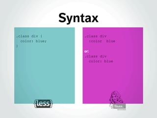 .class div
:color blue
or:
.class div
color: blue
Syntax
.class div {
color: blue;
}
 