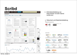 Scribd
                  ← Onlinebereitstellung von
                      Dokumenten mit dem Dienst
                      scribd.com


                  ↓   Dokument und Datenbereitstellung




KW So. 26/08/12
 