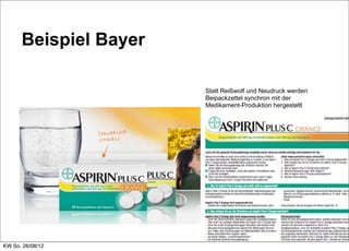 Beispiel Bayer

                       Statt Reißwolf und Neudruck werden
                       Beipackzettel synchron mit der
                       Medikament-Produktion hergestellt




KW So. 26/08/12
 