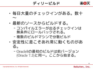 ディリービルド

• 毎日大量のチェックインがある。数十
  ～
• 最新のソースからビルドする。
 – コンパイルエラーが出るチェックインは
   無条件にロールバックされる。
 – 複数のビルドマシンで分散ビルド
• 安定性に差こそあれ常に動くものがあ
  る。
 – Oracle8の最初のビルドは前バージョン
   (Oracle 7.3)と同一。ここから始まる。

                              13
 