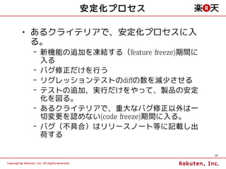 安定化プロセス

• あるクライテリアで、安定化プロセスに入
  る。
 – 新機能の追加を凍結する（feature freeze)期間に
   入る
 – バグ修正だけを行う
 – リグレッションテストのdiffの数を減少させる
 – テストの追加、実行だけをやって、製品の安定
   化を図る。
 – あるクライテリアで、重大なバグ修正以外は一
   切変更を認めない(code freeze)期間に入る。
 – バグ（不具合）はリリースノート等に記載し出
   荷する

                                    15
 