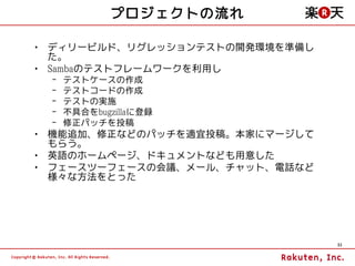 プロジェクトの流れ

• ディリービルド、リグレッションテストの開発環境を準備し
  た。
• Sambaのテストフレームワークを利用し
 –   テストケースの作成
 –   テストコードの作成
 –   テストの実施
 –   不具合をbugzillaに登録
 –   修正パッチを投稿
• 機能追加、修正などのパッチを適宜投稿。本家にマージして
  もらう。
• 英語のホームページ、ドキュメントなども用意した
• フェースツーフェースの会議、メール、チャット、電話など
  様々な方法をとった




                                32
 
