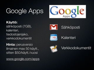 Google Apps
Käyttö:
sähköposti (7GB),         Sähköposti
kalenteri,
tiedostojenjako,
verkkodokumentit          Kalenteri
Hinta: perusversio
ilmainen max 50 käytt.,   Verkkodokumentit
sitten $50/käytt./vuosi
www.google.com/apps
 